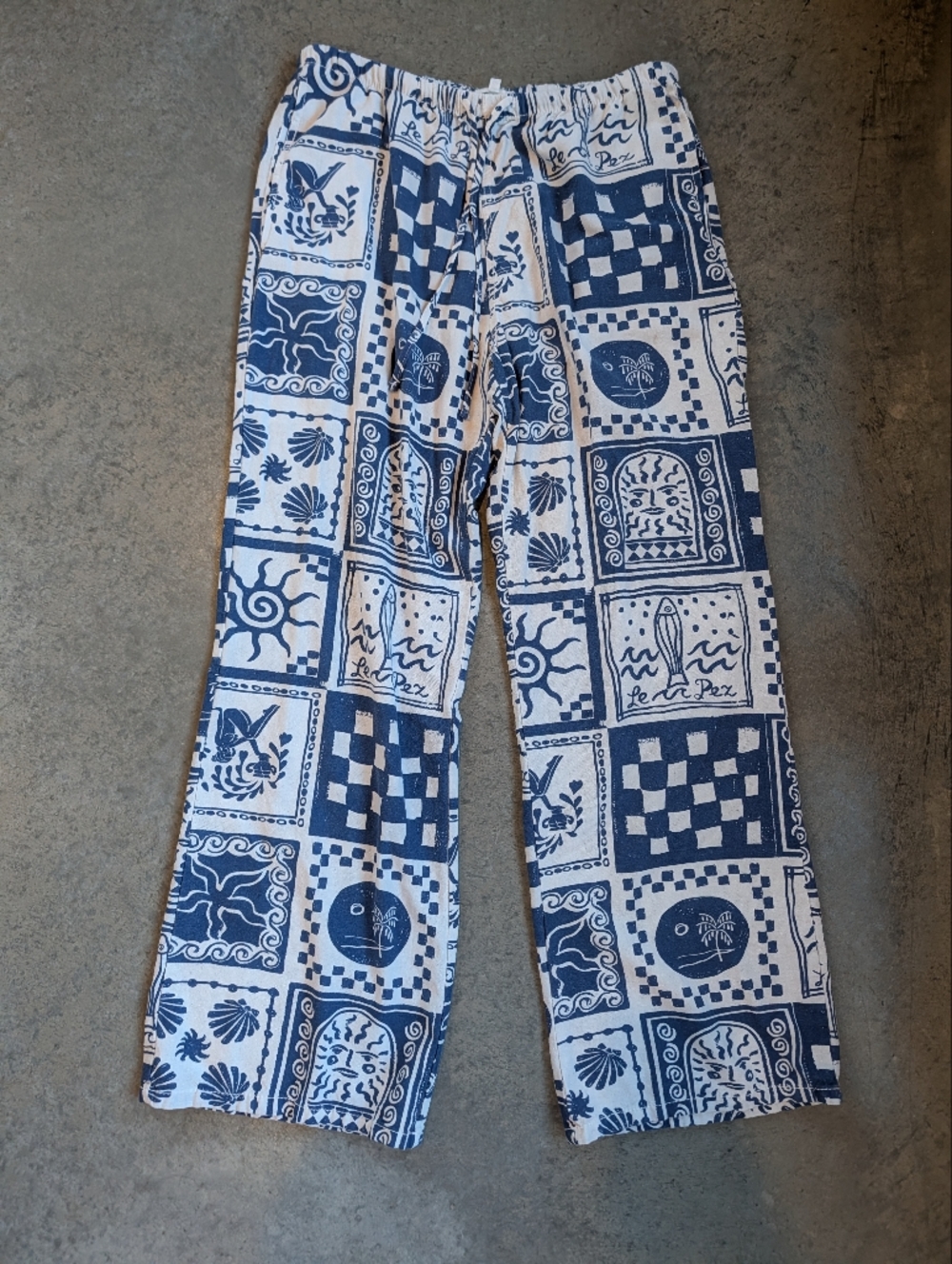 Blue & White Printed Linen Pull On Pants - Blue Bandana Geo Sardines Fish - Picture 2 of 11